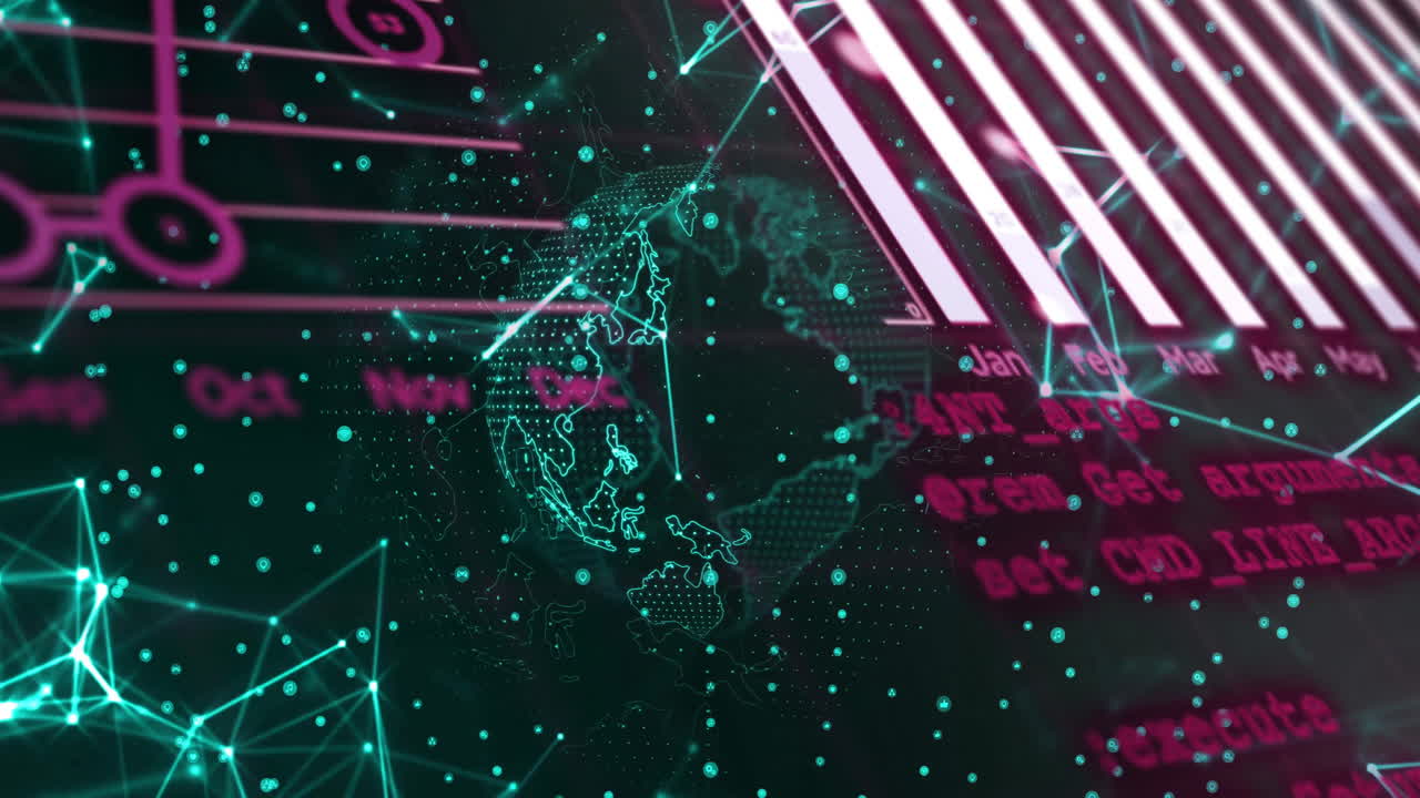 animación de visualización de datos globales sobre mapa mundial digital y conexiones de red abstractas