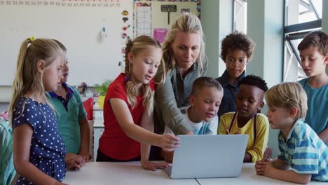 female teacher and group of kids using laptop in the class