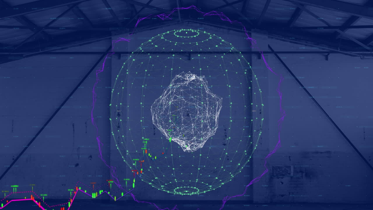Animation of spinning globe with network of connections over empty warehouse