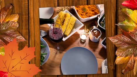 animación de la comida de acción de gracias sobre hojas de otoño de superficie de madera