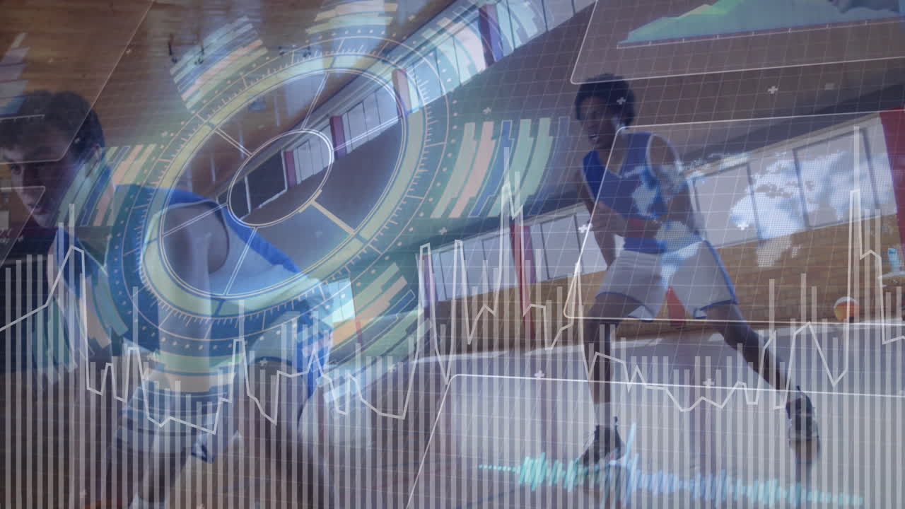 Athlete running in gym with digital data and graphics overlay animation