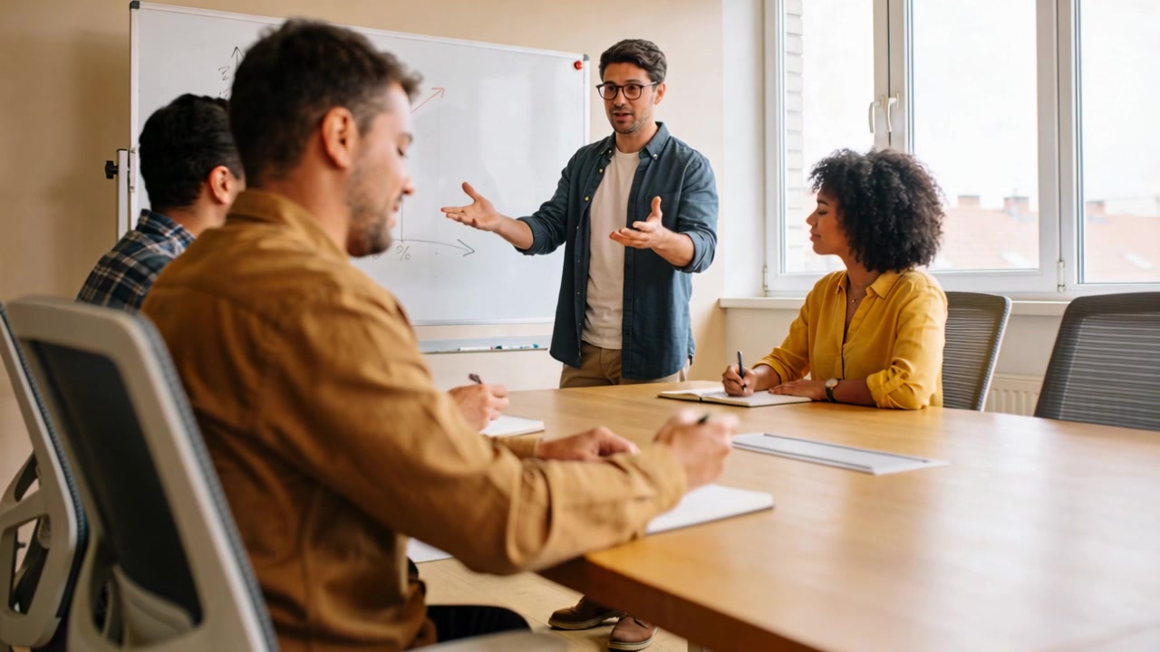 Standing presenter with glasses in denim shirt explaining plan at meeting table, whiteboard