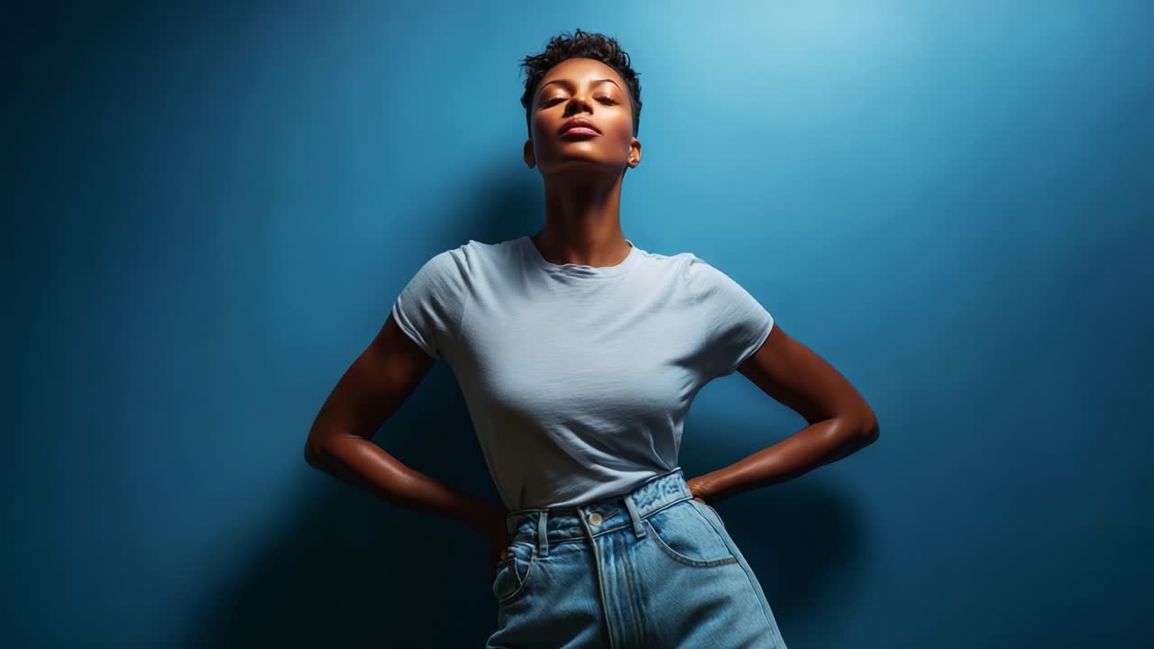 Captivating Elegance: A Portrait of Confidence and Style with a Stylish Model Posing Gracefully Against a Striking Blue Background, Showcasing Fashion and Attitude