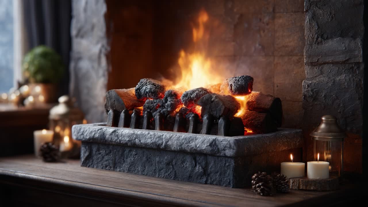 Captivating Glow of a Artificial Fireplace: Warm Flames Dance Amongst Logs, Creating a Cozy Atmosphere Perfect for Winter Gatherings and Festive Evenings