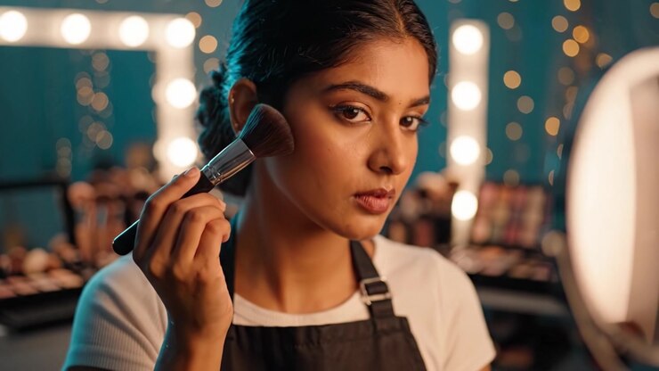 En behersket makeupartist påfører dygtigt blush på en models kind, omgivet af professionelle redskaber og oplyst af skarpt lys, der afspejler kunstfærdighed og skønhed.