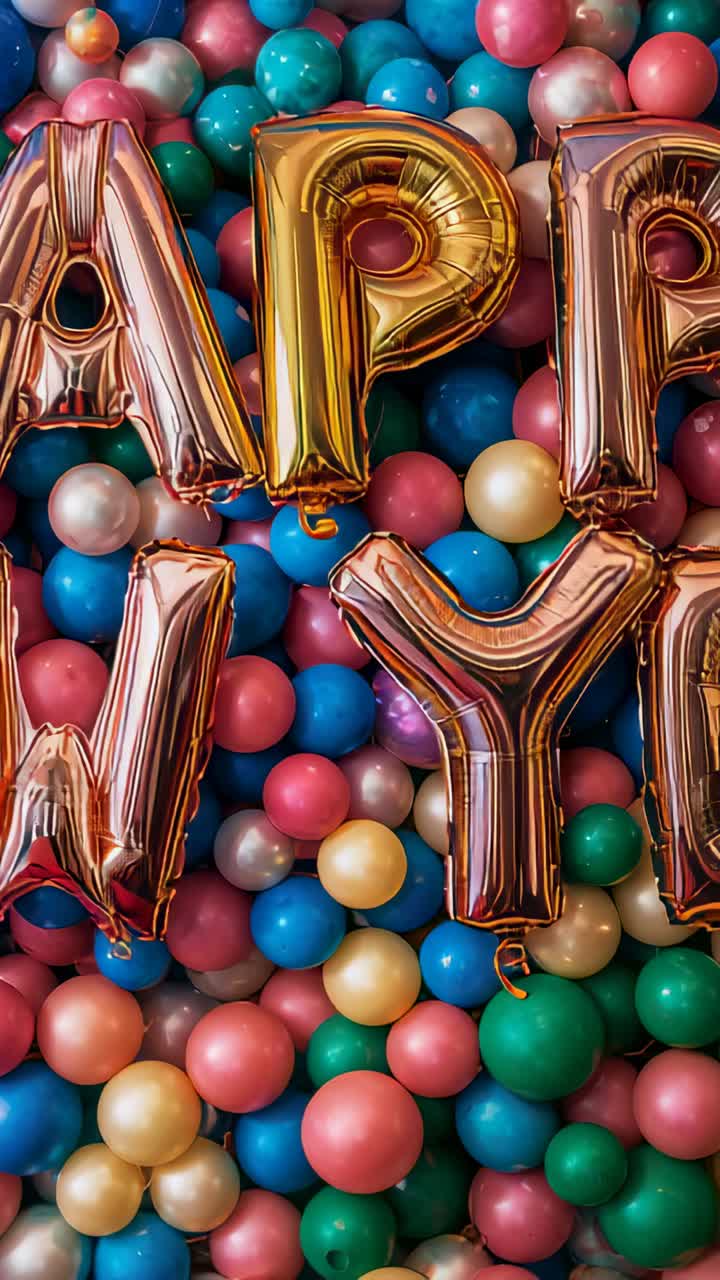 Vertical video: Glinting foil letter balloons catching light from camera shift on party ball pit