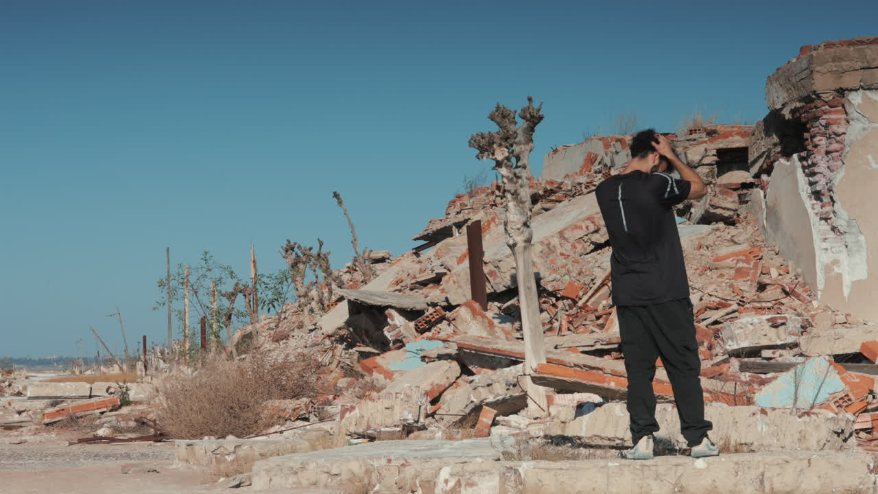 Man holding his head in despair while standing in urban ruins, symbolizing trauma, loss, crisis, and aftermath of destruction