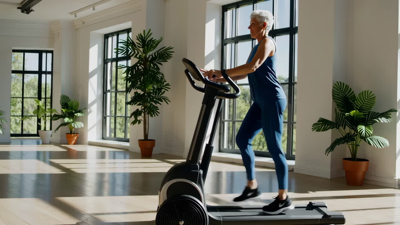 Senior Woman Exercising on Treadmill in a Modern Gym