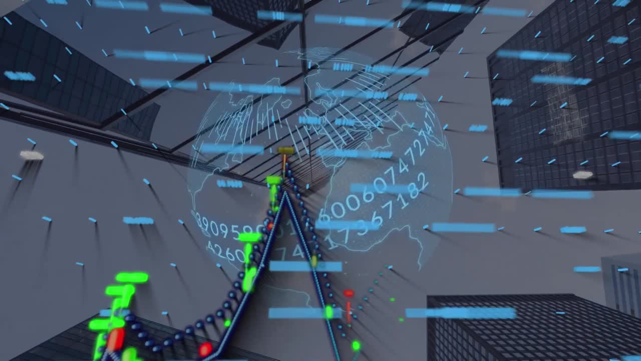 animación del procesamiento de datos financieros y el globo giratorio contra vista de ángulo bajo de edificios altos