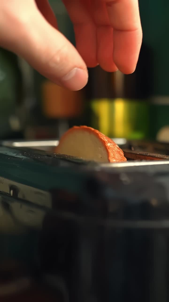 Bir mutfakta tosta ekmek dilimi koyan el, kahvaltı için yakın çekim yemek hazırlığı. Sıcak ışık ve sığ alan derinliği ile dikey çekim.