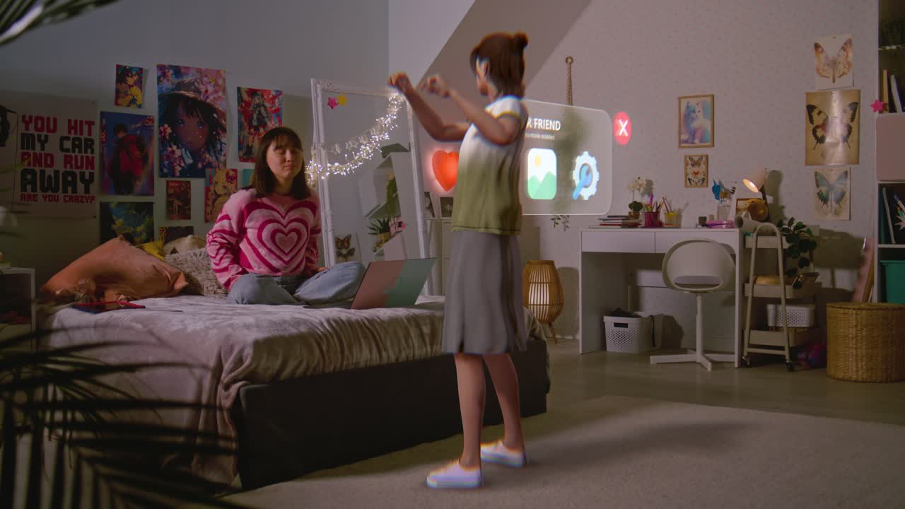 십대 소녀들이 가상 현실 침실에서 상호 작용합니다.