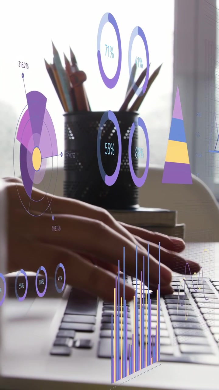 Vertical video: Woman placing hands on keys and typing, updating business data with floating charts