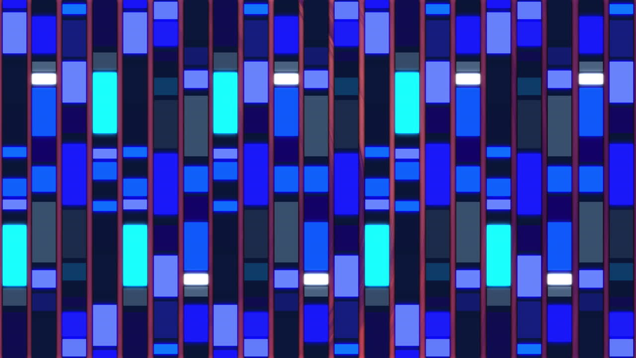 Animation of blue mosaic sqaures shining in seamless pattern against black background