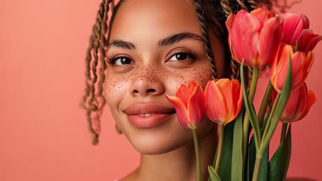 portrait of a woman with freckles and tulips