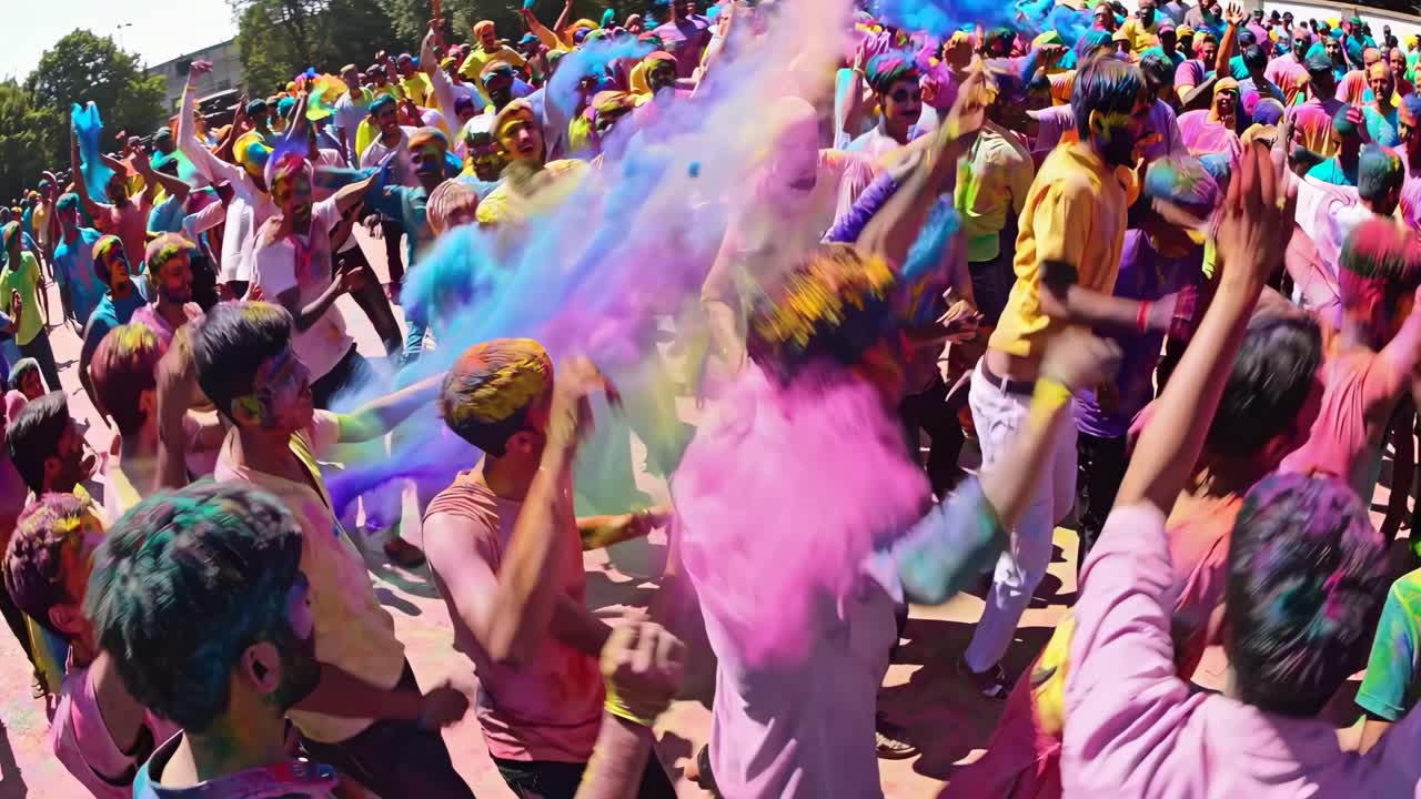 Vibrant festival scene with people joyfully throwing colored powder