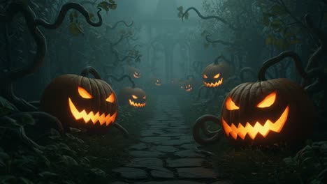 a spooky halloween pathway lined with grinning jack-o'-lanterns illuminated by eerie light, surrounded by twisted vines and sinister shadows