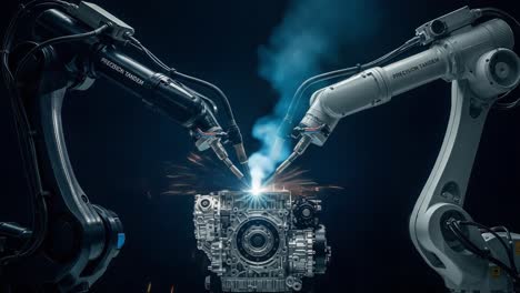 innovative robotic manufacturing: two industrial robots engage in precision welding of an engine component, creating sparks and showcasing advanced automation technology