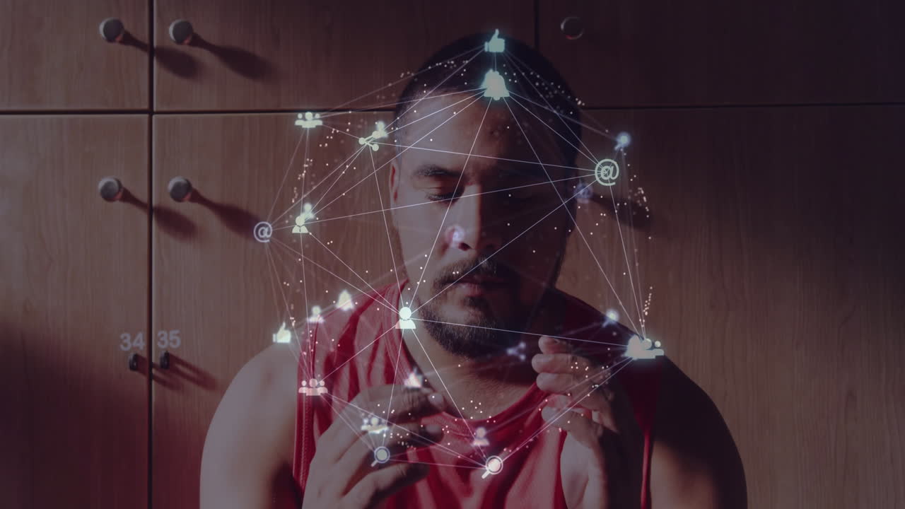 Man sitting in gym locker room, interacting with technology network overlay showing social icons