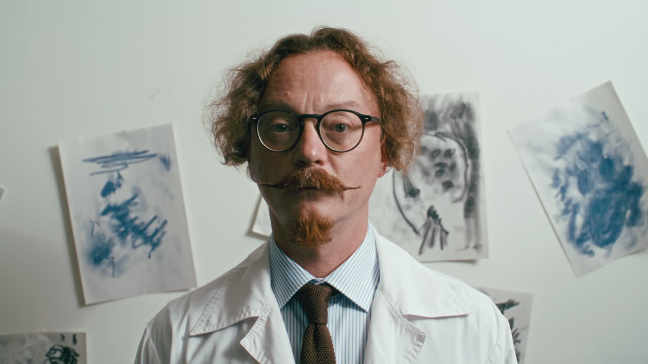 Portrait of Psychiatrist Standing in front of Abstract Sketches on Wall