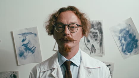 portrait of psychiatrist standing in front of abstract sketches on wall