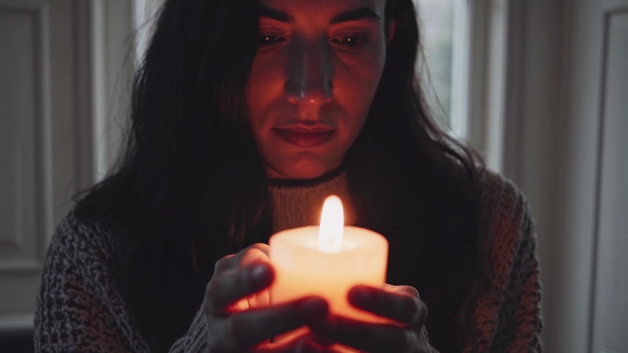 Wanita Muda Memegang Lilin Menyala di Ruangan Remang-remang