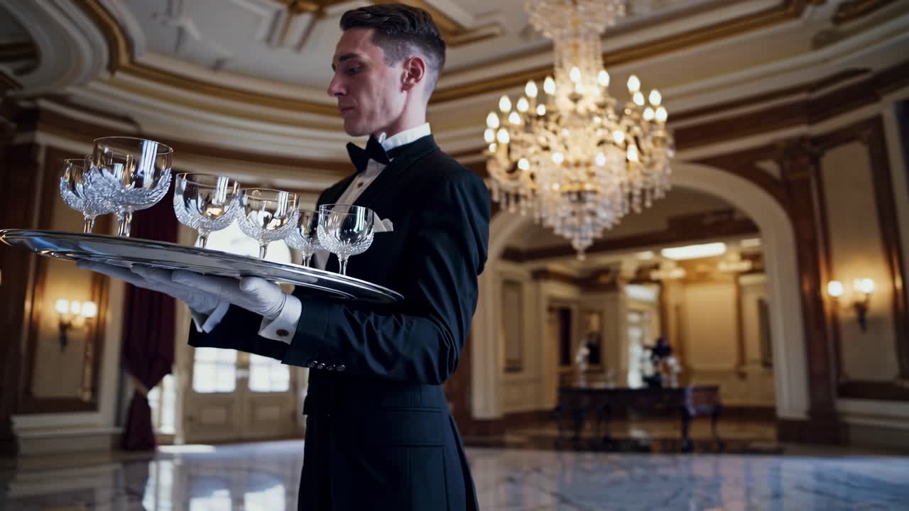 Elegant videoscene i en stor balsal med et lavvinkelskud af en tjener, der holder en bakke.