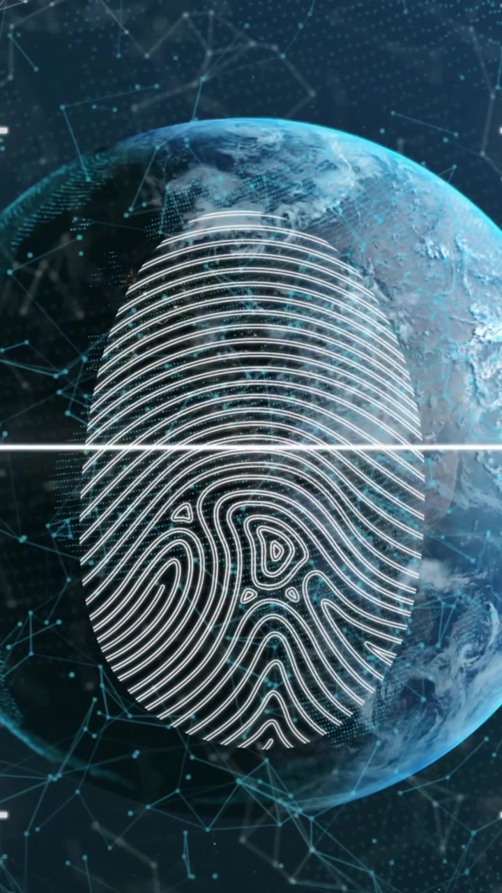 Animation of scanning fingerprint in viewfinder over connected dots around globe