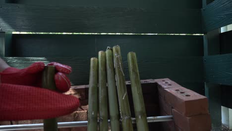 la cocina de lemang, un tipo de arroz de bambú. el lemang está hecho de arroz glutinoso que se cocina con leche de coco en bambú hueco. se encuentra comúnmente en brunei, indonesia, malasia y singapur.