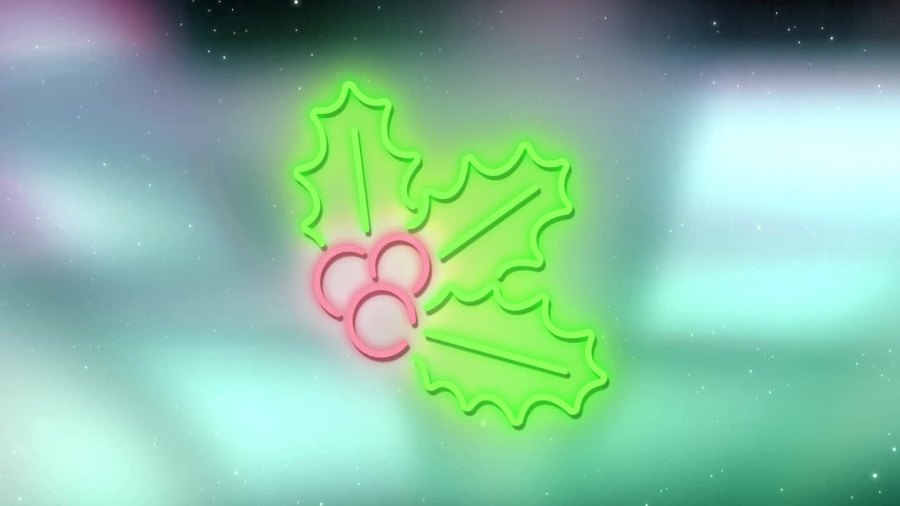 Animation of christmas neon holly decoration over blue background