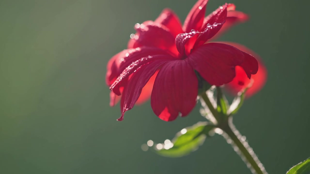 Close-up Bunga Merah Cerah dengan Embun Pagi