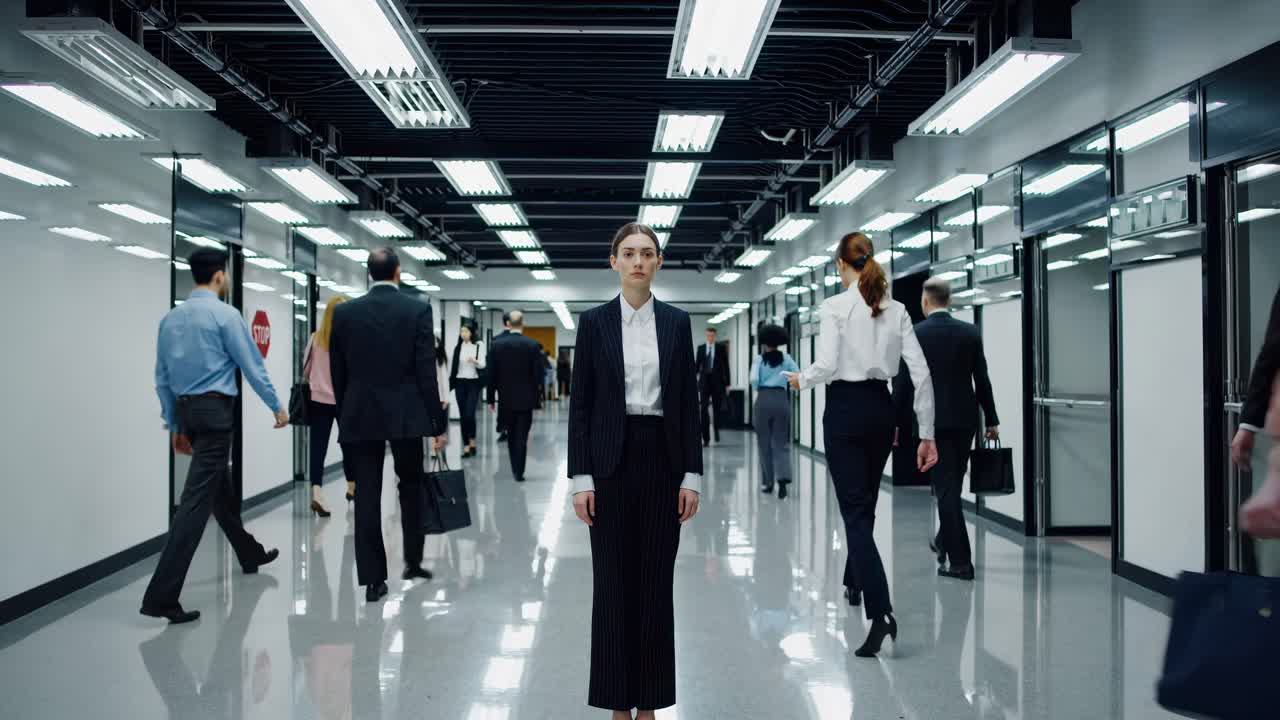 Professional businesswoman posing confidently in bustling corporate hallway, colleagues moving rapidly around sleek office environment