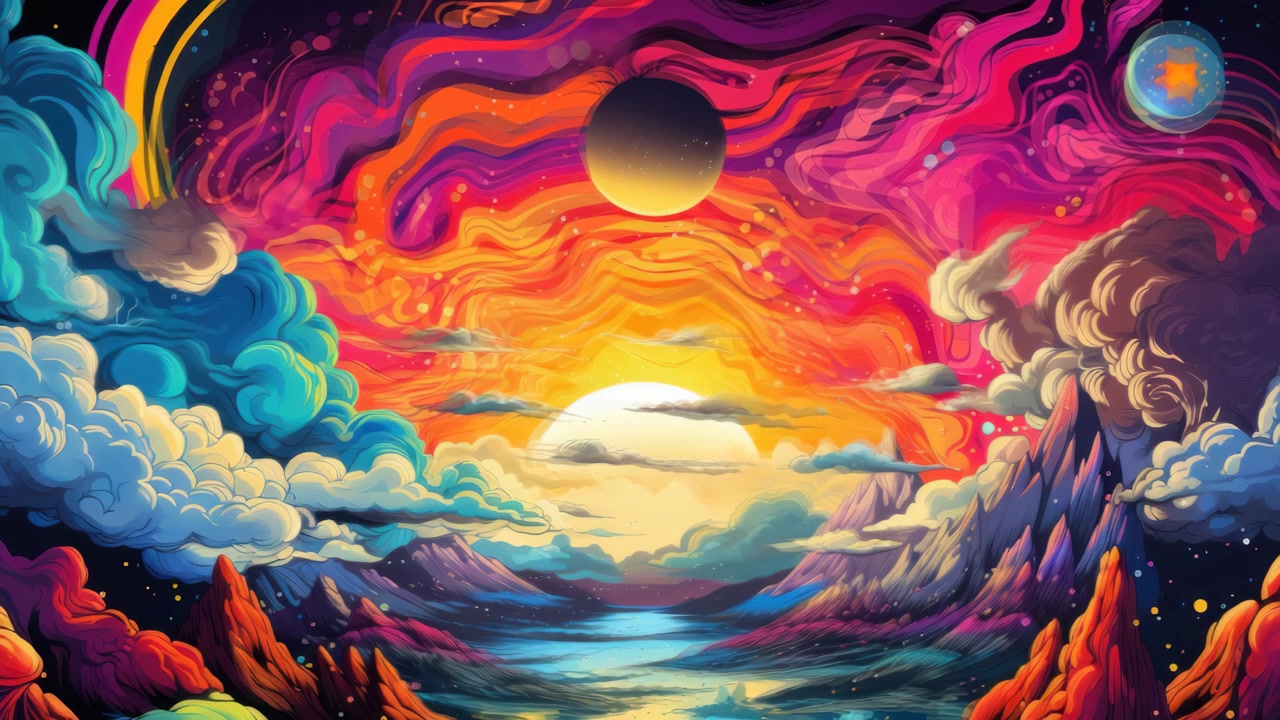 Paesaggio fantastico psichedelico vibrante con montagne e cielo colorato