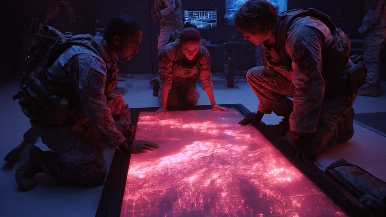 Military personnel strategizing over a digital map in a command center