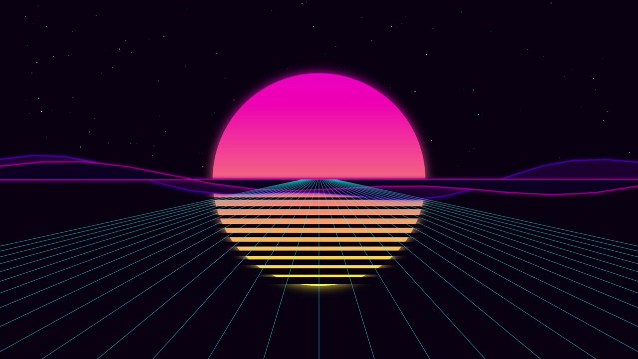 Retro Synthwave Style Landscape with Glowing Sun and Grid