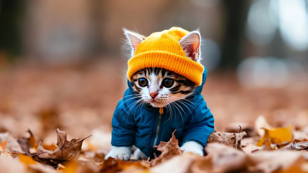 un pequeño gatito con un sombrero amarillo y una chaqueta azul