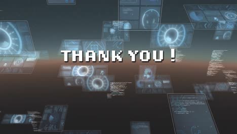 animation of thank you in digital abstract space with floating screens