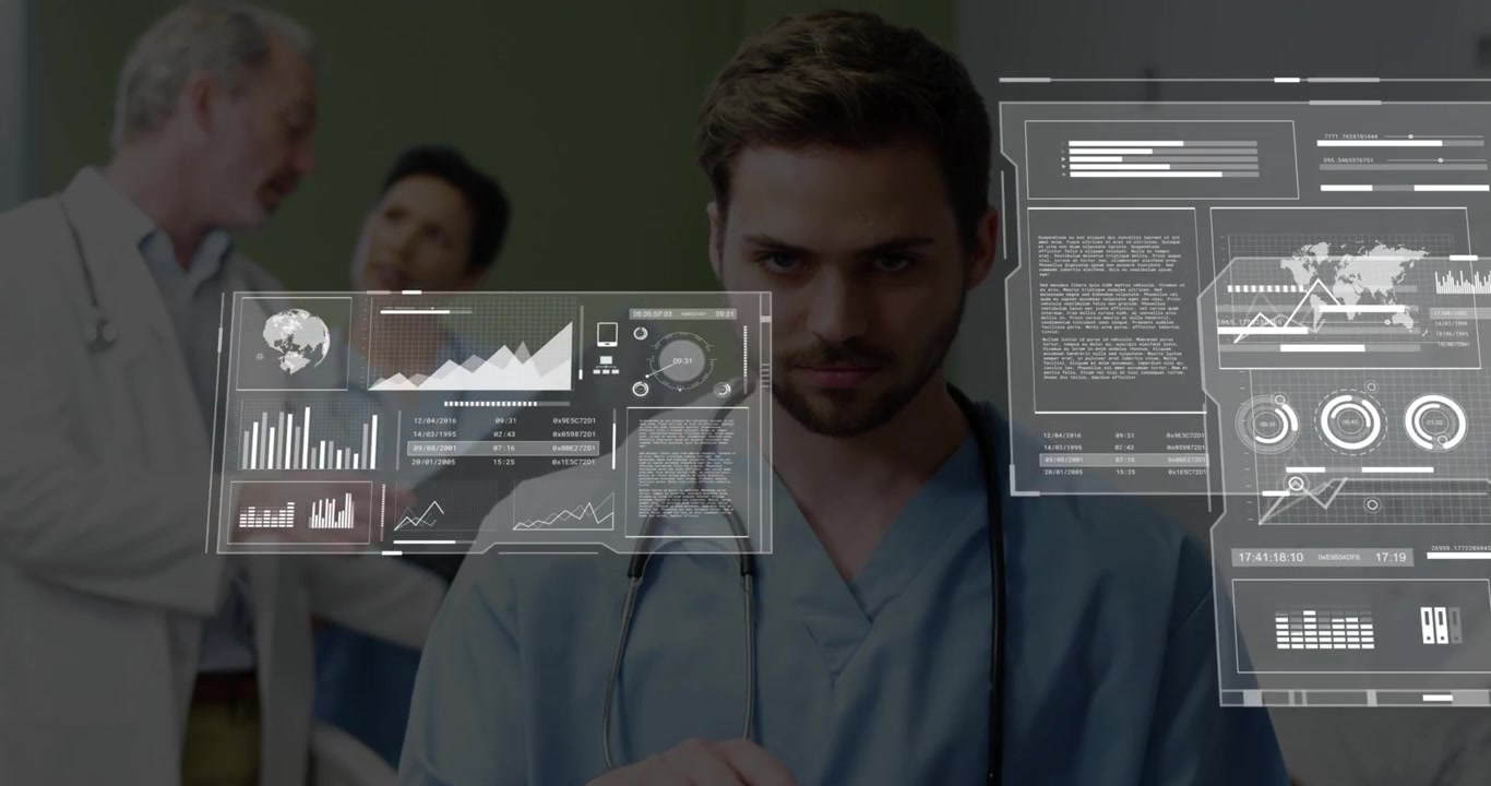 Medical professional tapping tablet swiping panels navigating health charts as colleagues discuss
