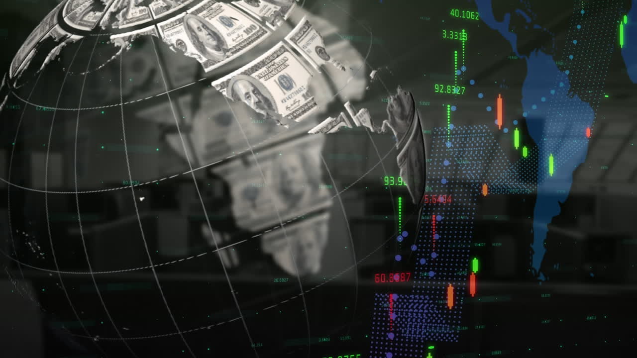 procesamiento de datos financieros sobre un globo giratorio de dólares estadounidenses contra una oficina vacía