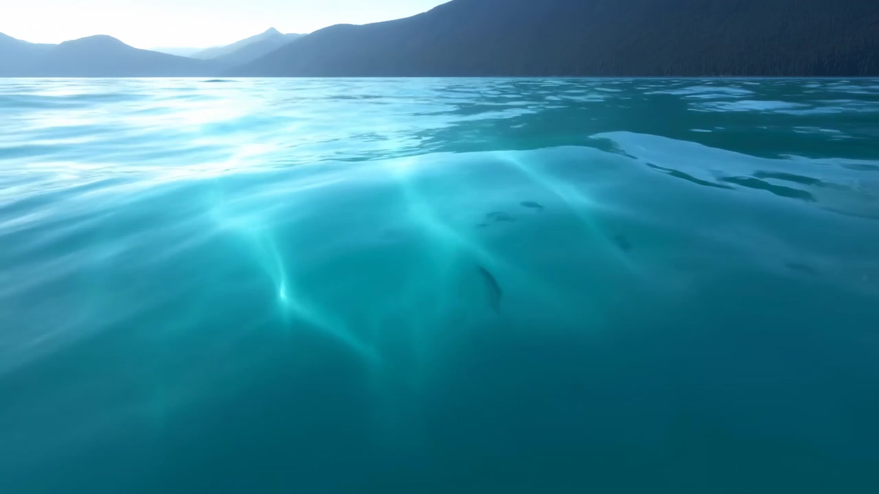 Vista dal basso attraverso acqua turchese limpida con leggere increspature in primo piano, luce solare intensa che si riflette sulla superficie e sagome scure di montagne