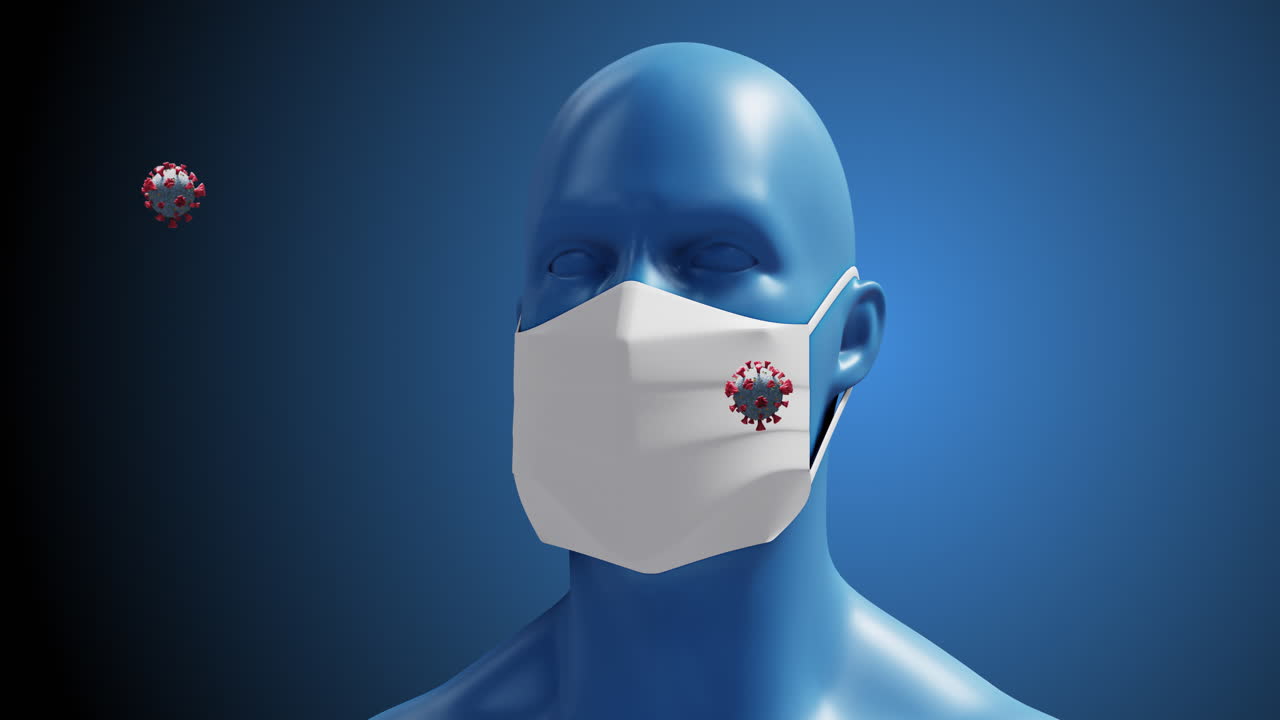 빨간색 배경에 매크로 코로나19 세포가 있는 위험 표지판의 애니메이션