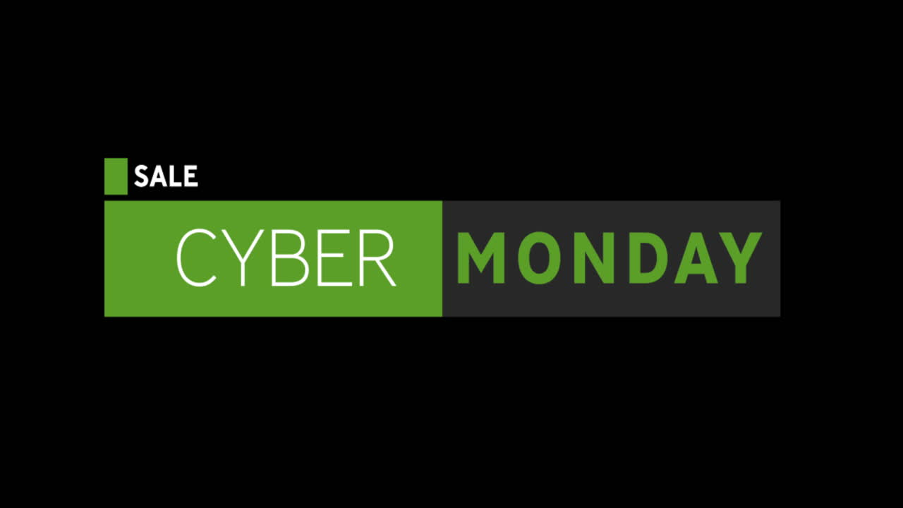 texto de venta blanco y verde de cyber monday que aparece contra una pantalla negra