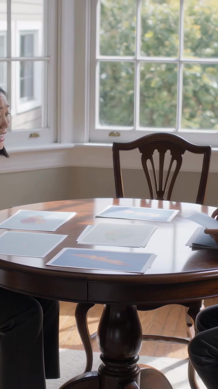 Vertical video: Reaching man sorting, passing papers at round table at home, woman reviewing stacks