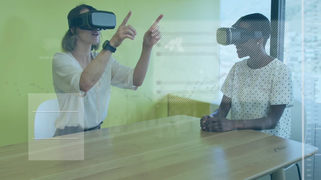 Left woman lifting hands for analyzing VR charts while right peer nodding in technology demo