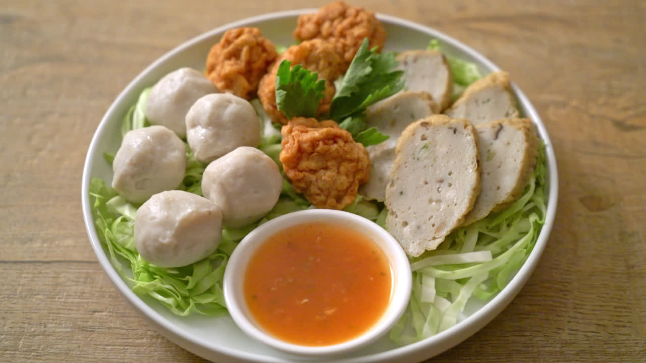 Boiled Fish Balls, Shrimp Balls and Chinese Fish Sausage with Spicy Dipping Sauce