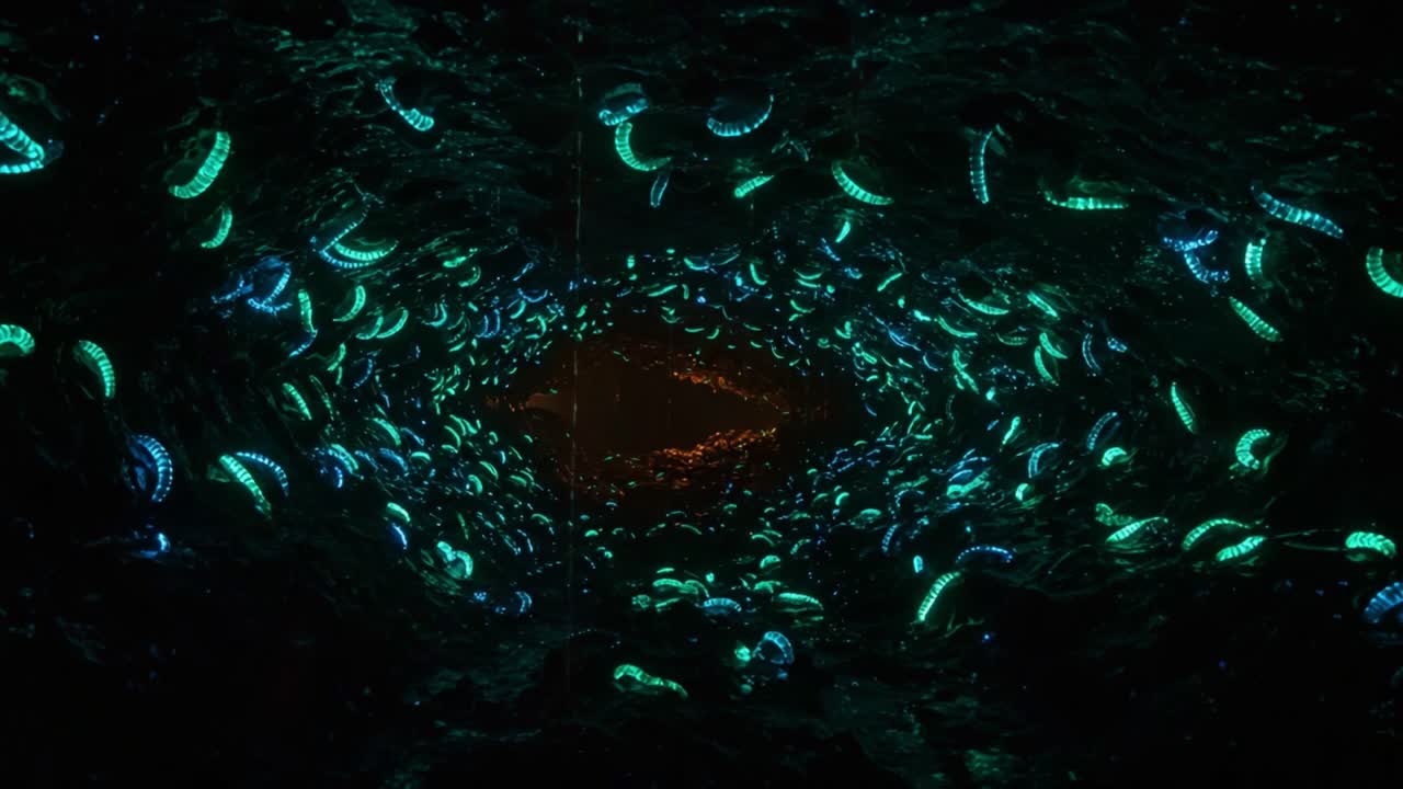 An Enchanting Underwater Scene Illuminated by Bioluminescent Jellyfish, Creating a Captivating Light Show in the Depths of the Ocean