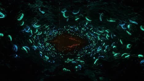 an enchanting underwater scene illuminated by bioluminescent jellyfish, creating a captivating light show in the depths of the ocean