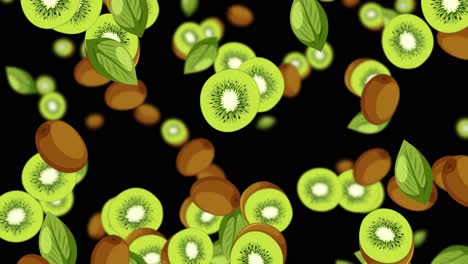 kiwis and leaves falling against a dark backdrop