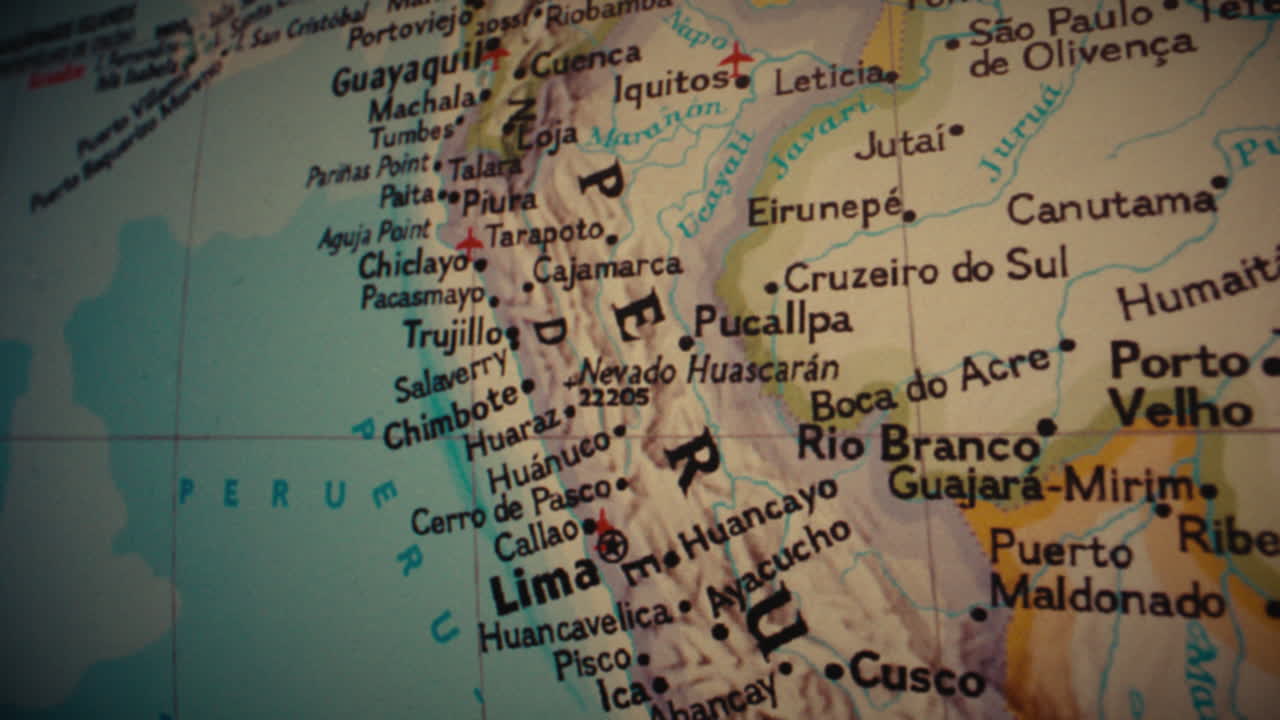 Close-up View of a Map Centered on Peru and Surrounding South American Countries