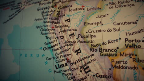 close-up view of a map centered on peru and surrounding south american countries