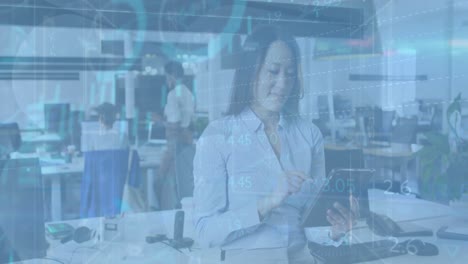 animation of financial data and graphs over asisan woman using tablet in office